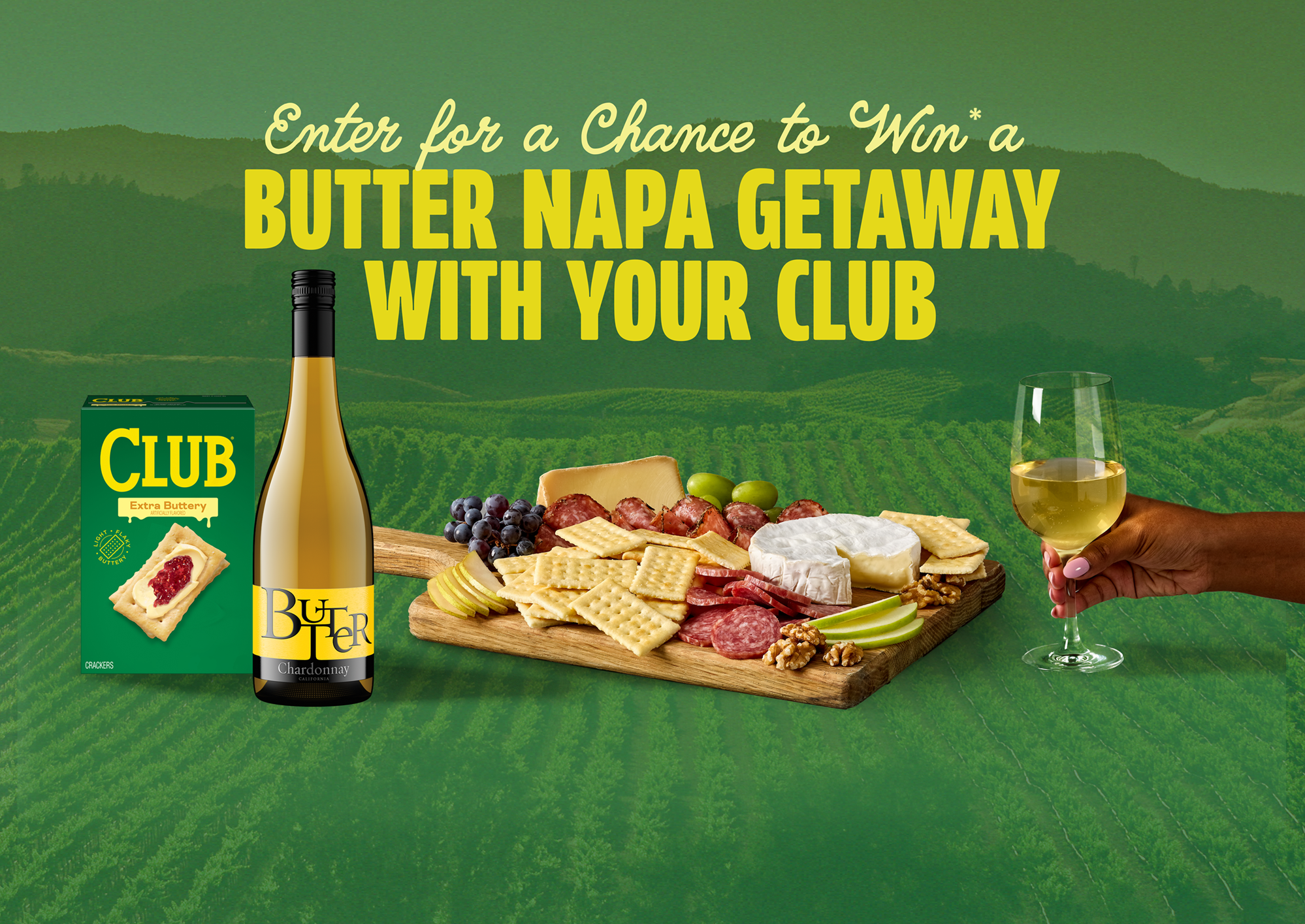 Butter Napa Getaway promotion banner showing Napa Valley vineyard and wine experience prize